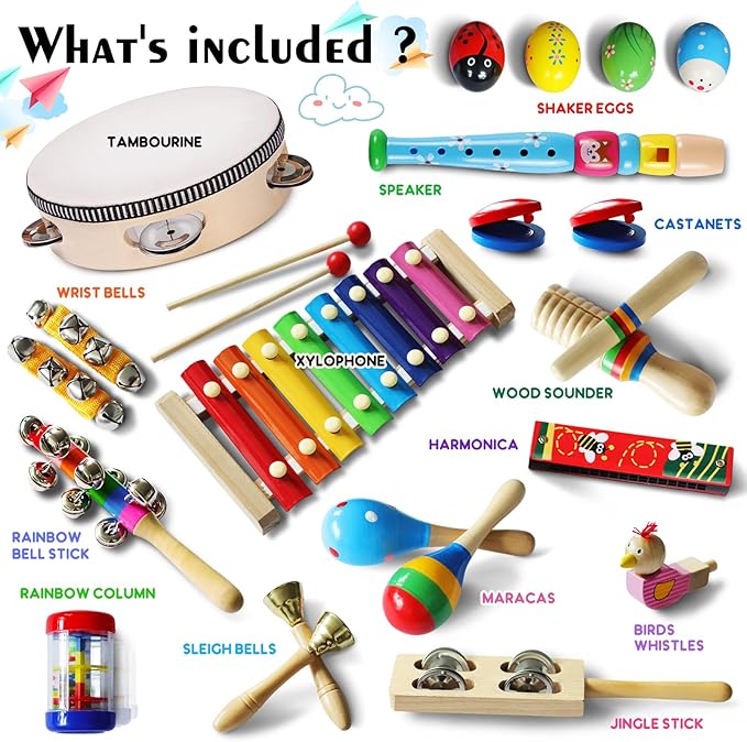 LOOIKOOS Toddler Musical Instruments,Wooden Percussion Instruments Toy for Kids Preschool Educational Musical Toys Set for Boys and Girls with Storage Bag