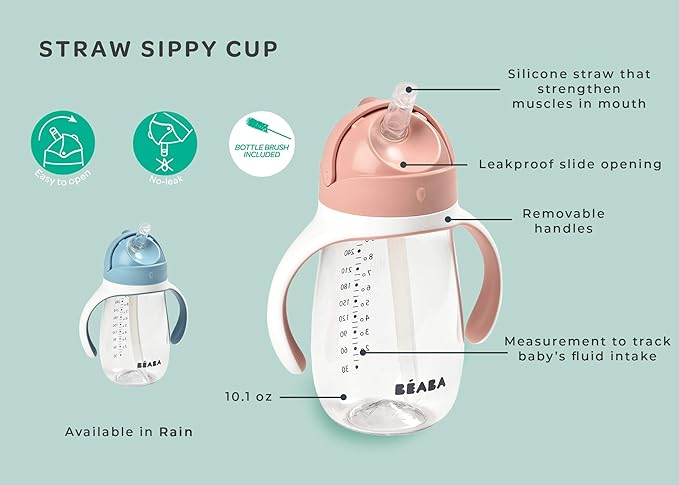 Beaba Straw Sippy Cup, Toddler Baby Straw Cup with Removable Handles, Leak and Spill Proof, BPA Phthalate Free, 8+ months, 10 oz, (Rose)