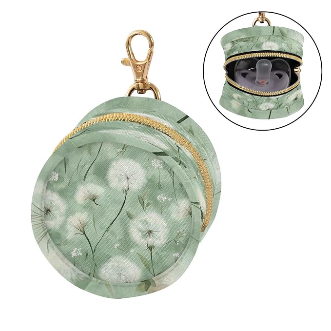 Dreamy Green Dandelions Pacifier Holder with Clip Pacifier Case for Diaper Bag Round Baby Pacifier Pouch Box Bag Portable for Boys Girls Nursery