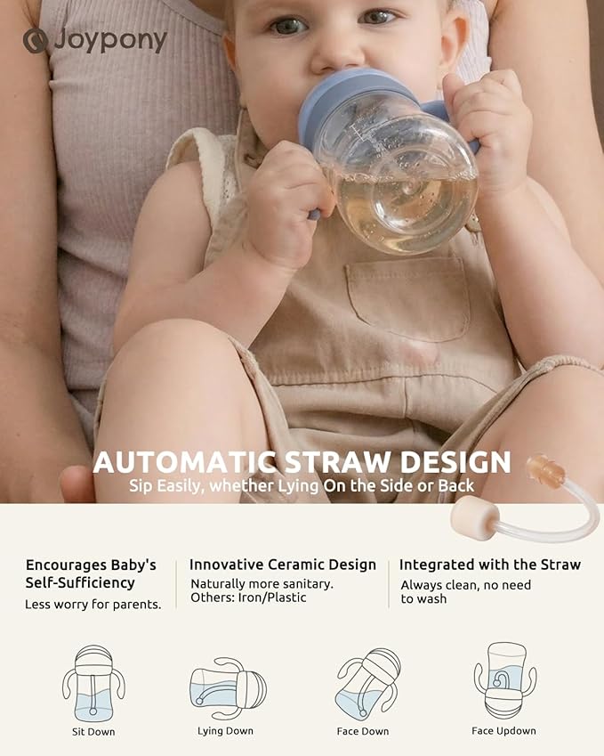 Joypony Sippy Cups for Toddlers 1-3, Spill Proof Weighted Straw Cup with Handle for Baby 6 Months + old, 2 Pack, Total 4 Silicone Straws, PPSU, BPA Free, 9 oz (Blue)