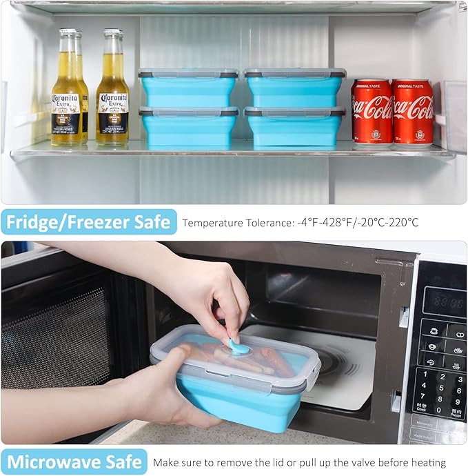 Collapsible Food Storage Containers with Airtight Lid & Vent Valve, 27 oz, Kitchen Stacking Silicone Collapsible Meal Prep Container Set for Leftover, Microwave Freezer Safe, Blue, Set of 4