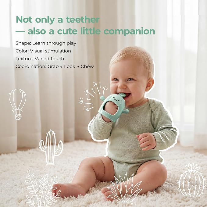 Momcozy Baby Teething Toys, Food Grade Silicone Baby Teether，Teething Mitten for Babies 0–6 Months，Teethers for Babies 6–12 Months，Anti Drop Wrist Teether with Multiple Chew Points， Grass Green