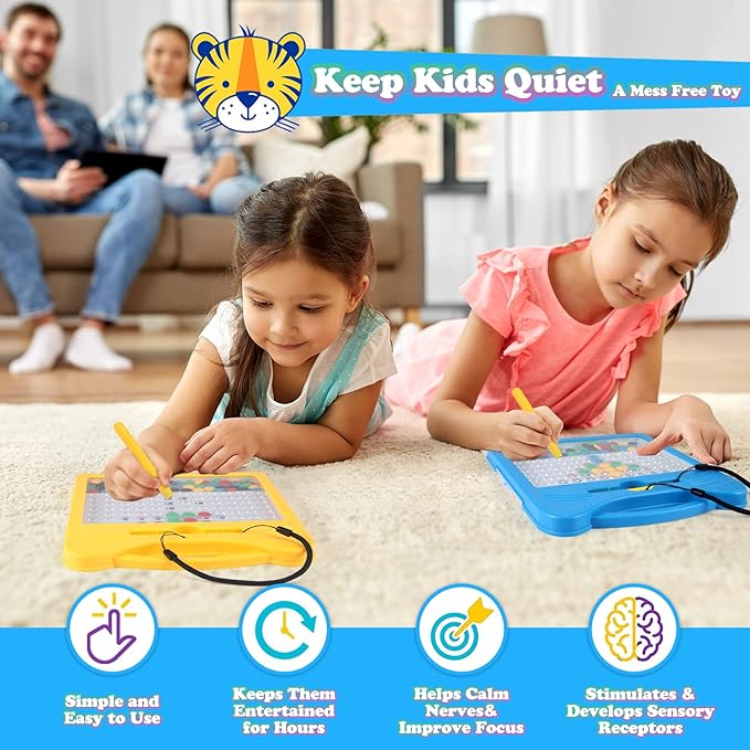 Magnetic Drawing Board for Kids, Toddler Magnet Doodle Board with Beads and 2 Pens, Magnetic Dot Art Toys, Airplane Car Travel Activities (Blue Cat)