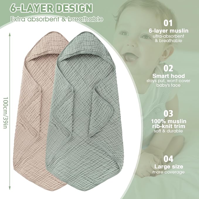 Synrroe 2 Pack Hooded Muslin Cotton Baby Towels (Green/Brown), 32 by 32 Inches, Ultra-Soft & Breathable for Baby Bath Time