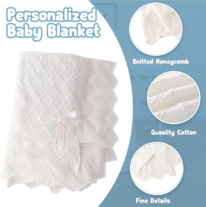 Booulfi Knit White Baby Blankets Neutral,Crib Stroller Newborn Blankets for Boys Girls,Cotton Lace Crochet Winter Blanket Nursery Blanket New Baby Essentials, 38X39