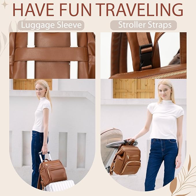 Omanmoli Small Diaper Bag Mini Diaper Bag Backpack Leather Diaper Bag With 12 Pockets Baby Travel Bag,2 Insulated Pockets,USB Charging Port,Stroller Straps,Brown
