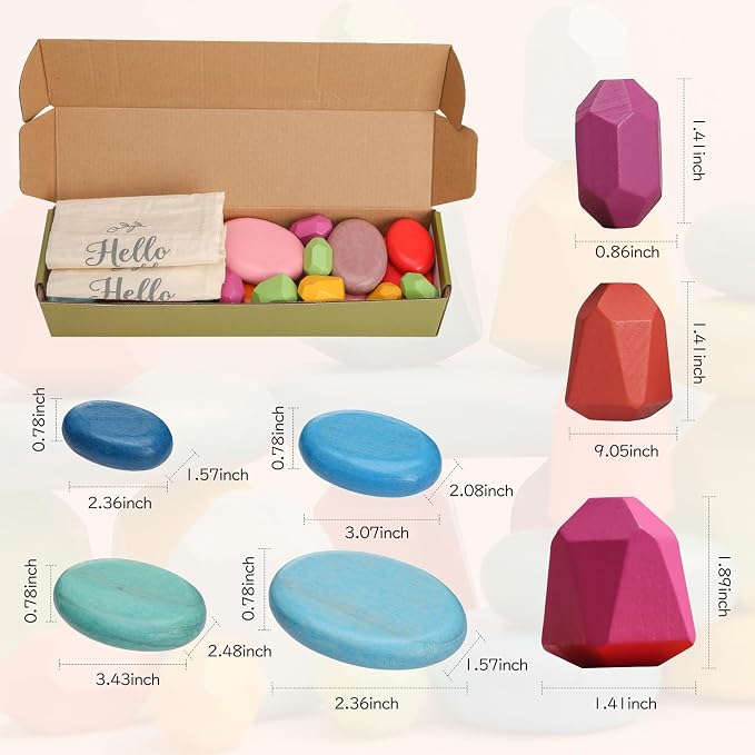 OESSUF Stacking Rocks 26Pcs Stacking Blocks Balancing Stones Wooden Building Toys Wood Stone Stacking Game for Toddler Sorting Preschool Educational Montessori Stacking Rocks for Kids