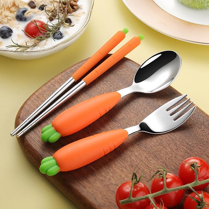 Toddler Fork and Spoon Utensil Set, 4 Pack, Carrot Set | with Case, Silicone handle, 304 Stainless Steel
