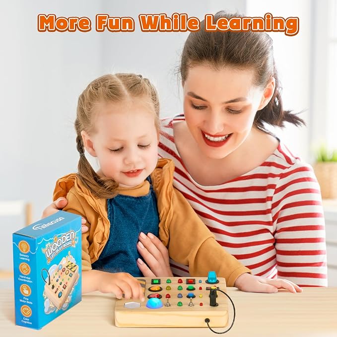 TINTECUSA Busy Board Montessori Toys for Toddler, Wooden Sensory Board Switch Toy with Shape Sorter LED Light Up Toys Educational Plane Travel Activity for Girls & Boys