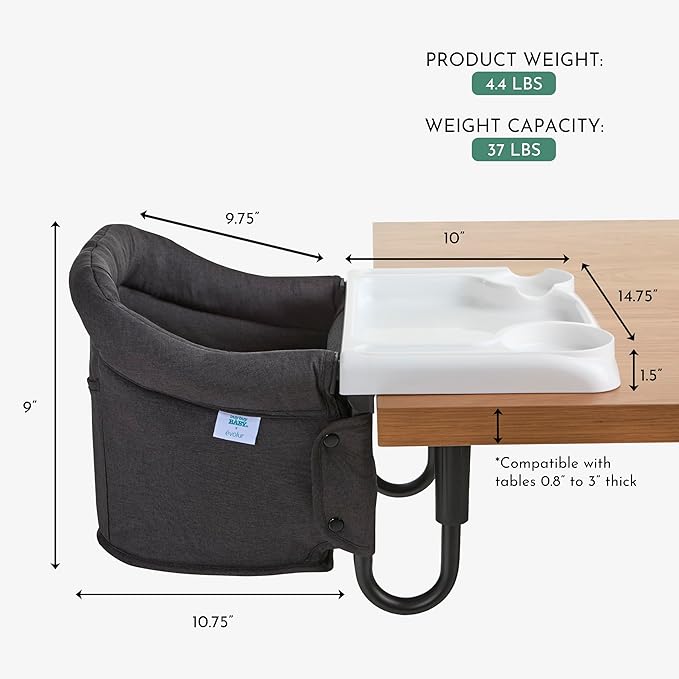 Evolur Clamp-On Comfort Table Chair, Portable Clip-On High Chair for Babies & Toddlers (6??6 Months), Removable Washable Seat Cover, Dishwasher-Safe Tray, Foldable Design with Carry Bag ??Black