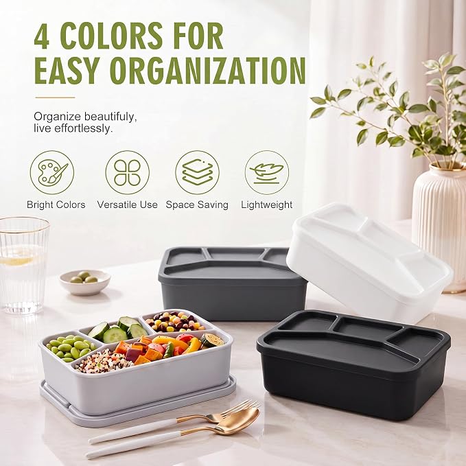 Ziliny 4 Pcs Silicone Bento Box Reusable Lunch Container Smooth Leak Proof Lunch Box Rectangle Bento Boxes for Adult Work Travel Food Meal Compartment Storage (Modern Monochrome)