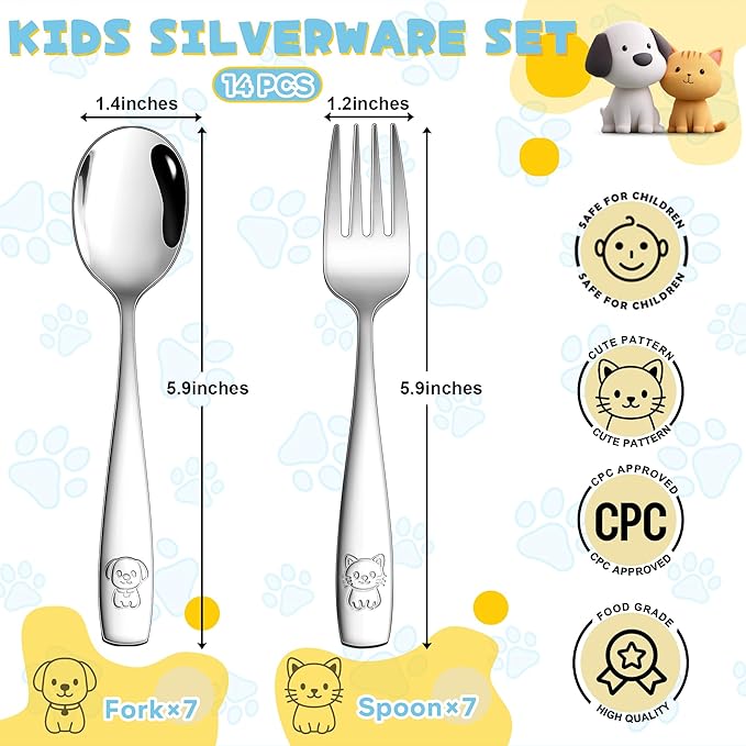 LIANYU Kids Silverware Set, 14 Pieces Stainless Steel Toddler Utensil Set with Small 7 Forks and 7 Spoons, Children Safe Flatware Cutlery for Self-Feeding, Food Grade & Cute Pattern, Dishwasher Safe