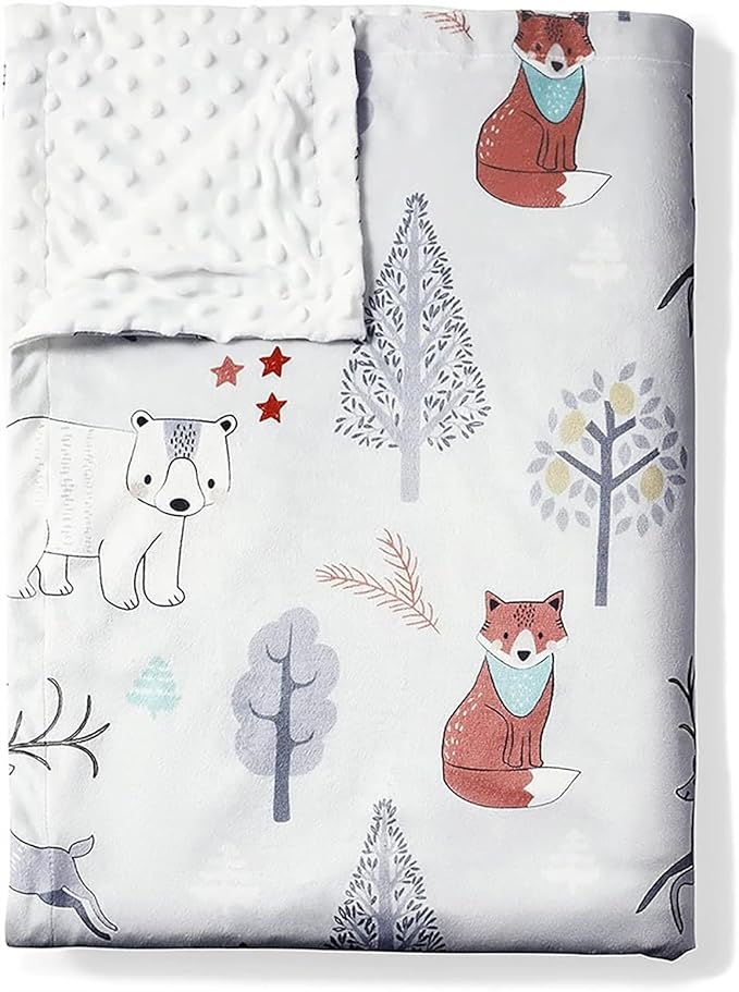 Minky Baby Blanket for Boys and Girls with Forest Animal 29.5'' x 39.3'' Soft Toddler Newborn Receiving Blanket with Cotton Front and Dotted Fleece Backing for Nursery Crib Stroller Car Seat