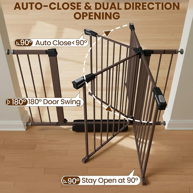 Mumeasy 36" Extra Tall Dog Gate, Auto Close Baby Gate for Stairs Doorways, 29.7-46" Wide Walk Thru Child Safety Gate for House, Easy Install Pressure Mounted Metal Pet Gate with Door, Brown