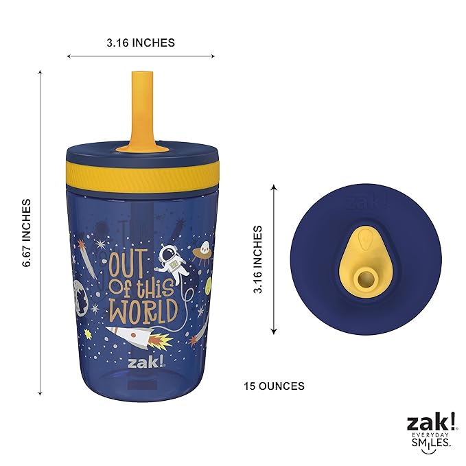 Zak Designs Kelso 15 oz Tumbler Set, (Space) Leak-Proof Screw-On Lid with Straw Made of Durable Plastic and Silicone, Perfect Cup Bundle for Kids (2pc Set)