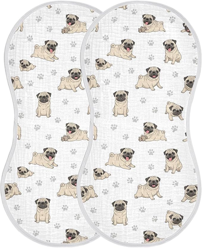 2 Pack Muslin Burp Cloths Pugs Dog Paw White Cotton Baby Burp Cloths Ultra Soft Burping Cloth Absorbent Spit Up Rags for Newborn Boys Girls 22x11 Inch