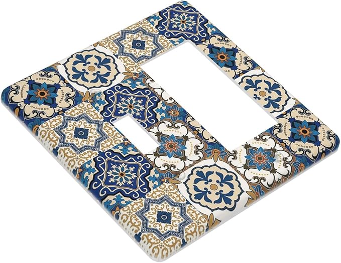 Boho Talavera Decorative Tile Moroccan Mandala Print Outlet Covers 1 Toggle 1 Rocker Combination Decorative Wall Plate Electrical Switch Plates Light Switch Cover Plate for Bathroom Kitchen Decor