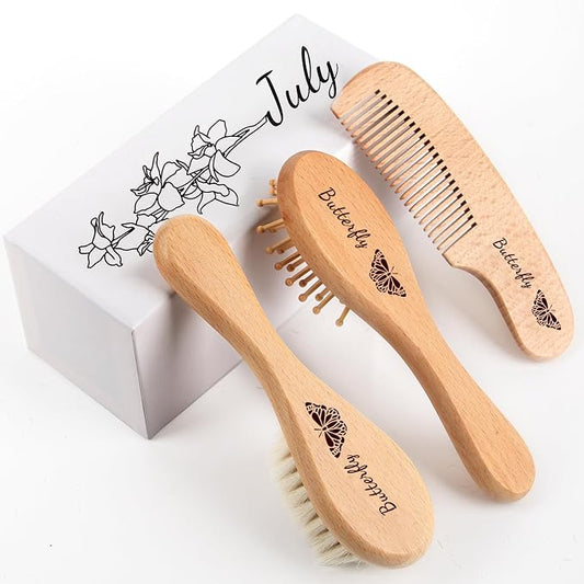 Personalized Baby Hair Brush & Comb Set with Soft Goat Bristles,Custom Laser Engraved Name,Newborn Grooming Kit with Birth Flower Gift Box (July)