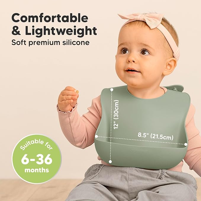 KeaBabies 2-Pack Silicone Bibs for Babies, Toddlers Girl, Boy ??Sturdy Food-Grade Baby Bibs for Eating, Large Food Catcher, Clean & Put On Easily, Waterproof Toddler Feeding Essentials (Sage)