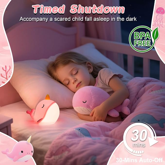 Whale Lamp, Narwhal Nursery Nightlight for Kids, Soft Silicone Animal Night Light with 3 Levels of Brightness & 30 Mins Timer, Whale Gifts for Girl Birthday Holiday Decoration