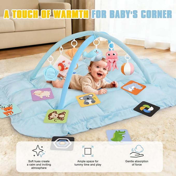 5-in-1 Tummy Time Mat Baby Activity Gym with Cartoon Pattern, Extra Thick Plush Play Floor Mat