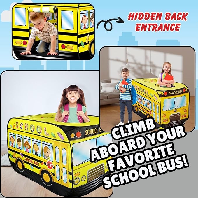 Pop Up Play Tent for Kids - My First Foldable Indoor & Outdoor Playhouse Vehicle Toys for Toddlers, Boys and Girls (School Bus)