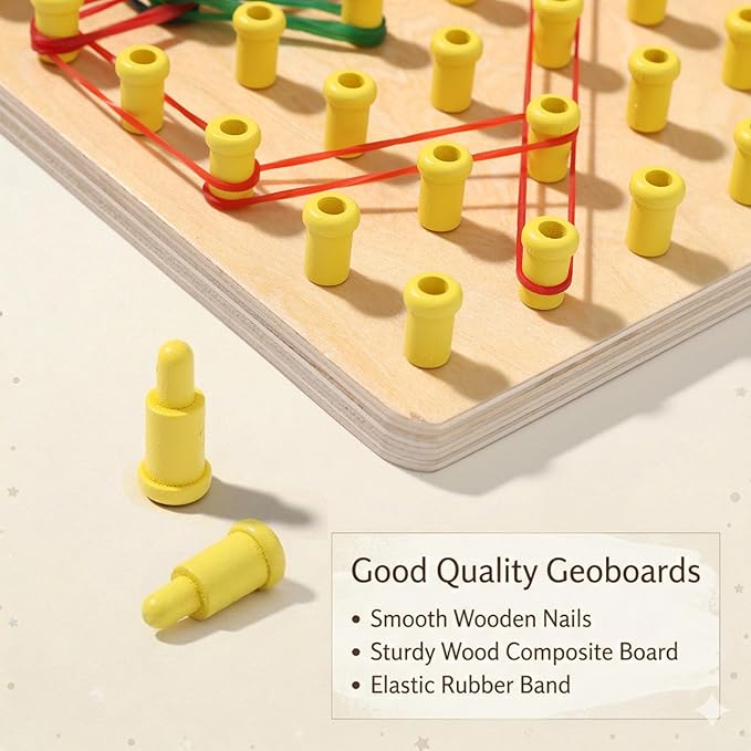 Wooden Geoboard with Stackable Pegs - 2 in 1 Montessori Peg Board Toy with 68Pcs Wood Pegs for 3 4 5 6 Year Old Kids - Fine Motor STEM Building Set, Wooden Brain Teaser Puzzle Gifts for Boys & Girls
