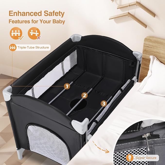 JOYMOR 4 in 1 Pack and Play, Baby Bedside Bassinet, Sturdy Play Yard with Padded Mat and Music Bar with Soft Animals