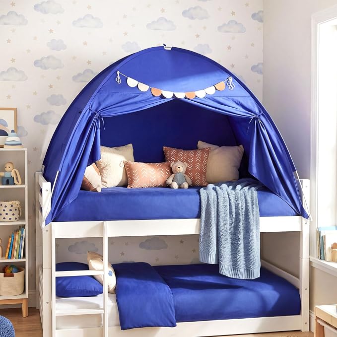 Costzon Toddler Bed Tent, Twin Size Indoor Canopy Tent for Kids w/ 2 Windows, Flag Banner, Brushed Fabric Privacy Playhouse, Portable Play Tent for Bunk Bed, Playroom, Suits 3+ Boys & Girls (Navy)