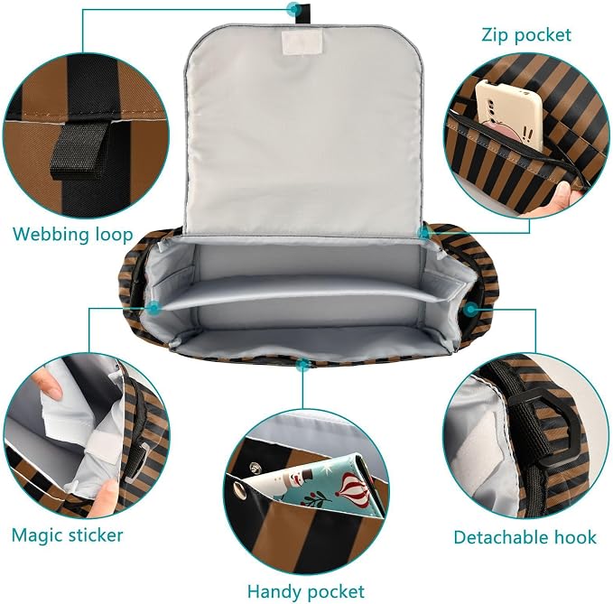 Baby Stroller Bag Brown Black Stripes Stroller Caddy Organizer Bag with Adjustable Straps Non-slip Hook Large Storage for Strollers