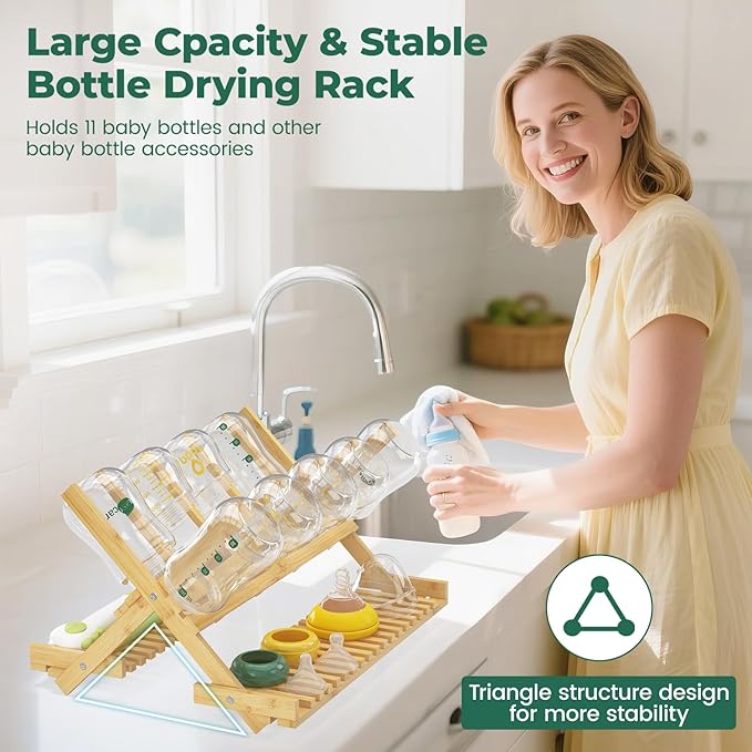 EsLuker.ly Baby Bottle Drying Rack, Bamboo Vertical Dryer Holder Organizer for Kitchen Countertop, Space Saving Foldable Baby Glass Milk Bottle Drain Storage Shelf for New Parents Family, No Assembly