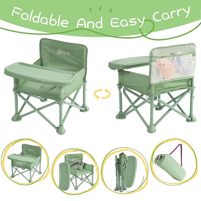 Portable Baby Chair,Portable 3-in-1 Baby Booster Seat with Tray,Folding Toddler High Chair for Travel,Camping, Home & Dining, Easy to Clean & Store, Safe with Child Safety Belt Carry Bag(Green)