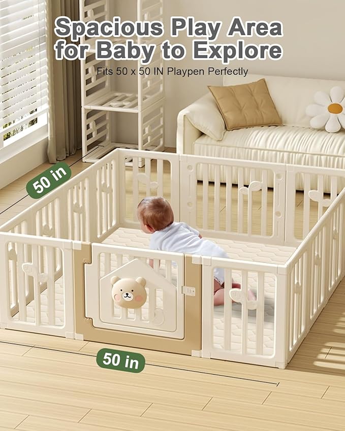 TINYHARBO Premium Foam Baby Play Mat 50" x 50" with Removable Cover, Extra Thick Padding Playpen Mat, Non-Slip Floor Mat, Stylish & Easy to Clean for Crawling Baby, Infants & Toddlers, Beige