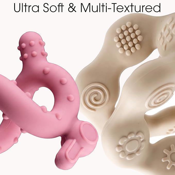 4 Pack Baby Teether Set with Freezer-Safe Storage Bag – 4 Softness Levels & Multi-Textured Silicone Teething Toys for Babies 0-18 Months, Food-Grade Teething Rings for Every Stage