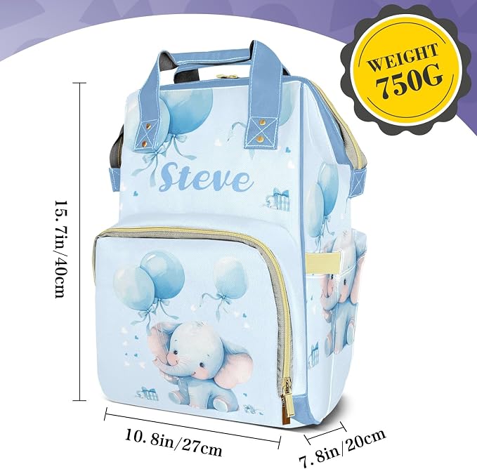 Cute Elephant Large Personalized Diaper Bag Backpack for Baby Boy with Name, Thermal Pockets, Waterproof Custom Baby Bags for Boys, Multi-functional Customized Nappy Bag Mom Travel Daypack