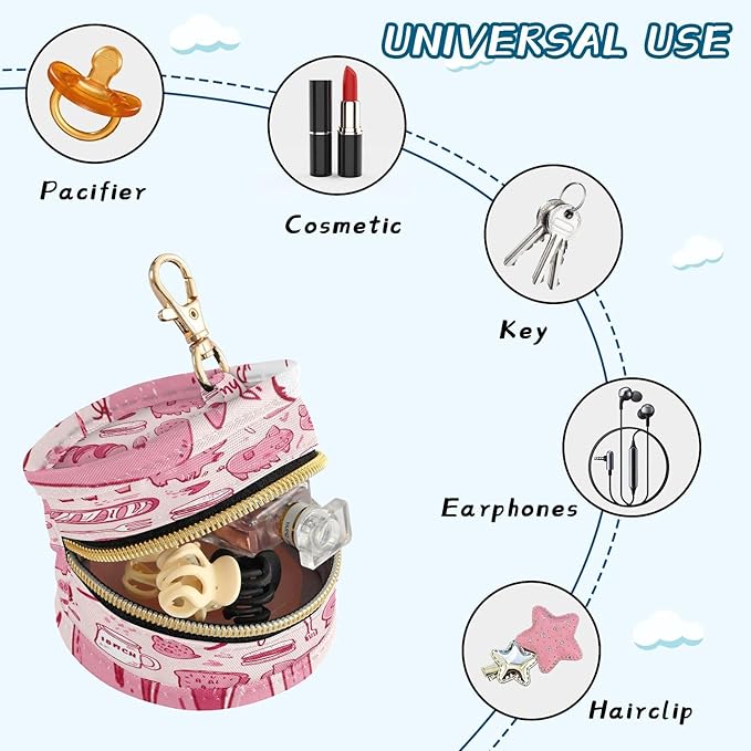 Pacifier Holder with Clip Pacifier Case for Diaper Bag Round Baby Pacifier Pouch Box Bag Portable Pink Cute Pigs Bacon Bread