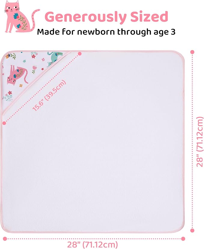 Mooreeke Baby Towel with Hood for Girls Pink Cat Flower Bath Towel for Babies Ultra Soft Absorbent 3 PCS Baby Towels and 3 PCS Washcloths for Newborn Essentials