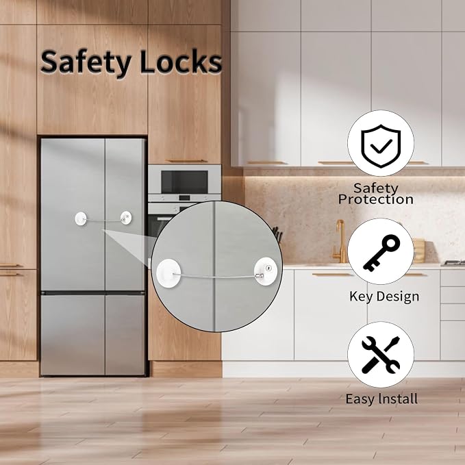 Fridge Lock with Key, Safety Lock for Refrigerator, Cabinet, Drawer, Window – Easy to Install, No Drilling(2 Pack, Oval White)