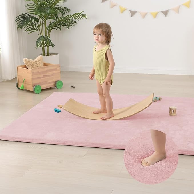 Huloo Sleep Extra Large 79"×158" Baby Play Mat for Floor,1.3" Thick Elasti Foam Playroom Mat for Toddler,Infant,Kids,Ultra Soft Velvet Classroom Rug,Non Slip Backing Safe for Crawling&Tummy Time（Pink）