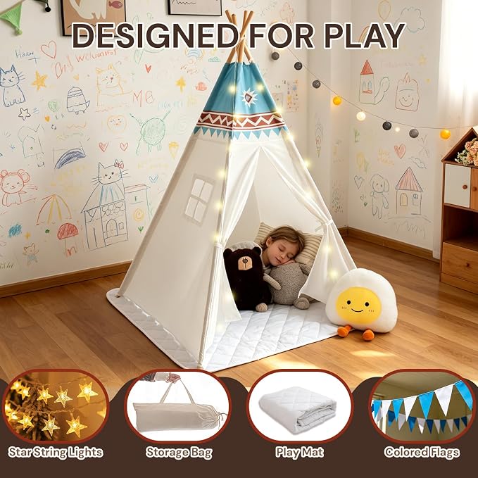 RONGFA Teepee Tent for Kids, 100% Cotton Play Tent with Mat, Kids Teepee Tent with Colored Flag, Quality Portable Play Tent with Carry Bag for Girls and Boys Indoor Outdoor (Beige Blue with Mat)