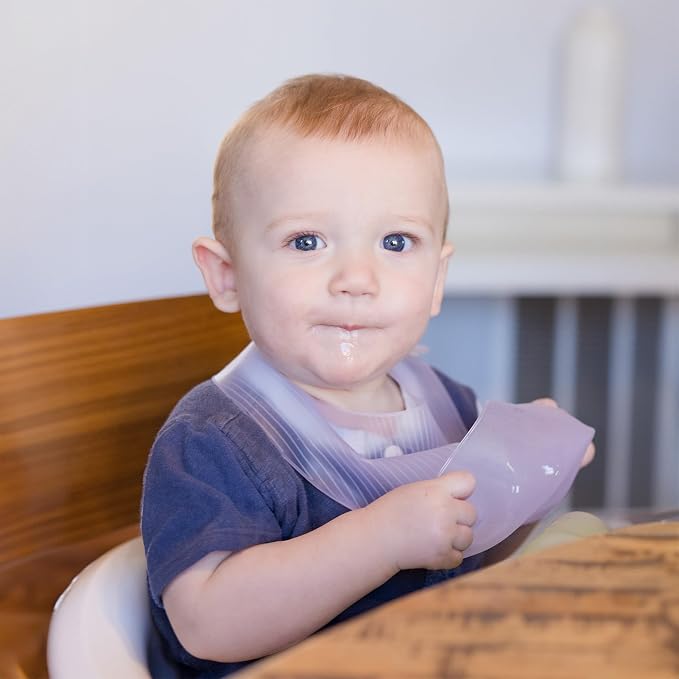 Olababy Training Spoon Set (Pearl/Blueberry) + Fold N Go Silicone Baby Bib w Travel Case (Lilac)