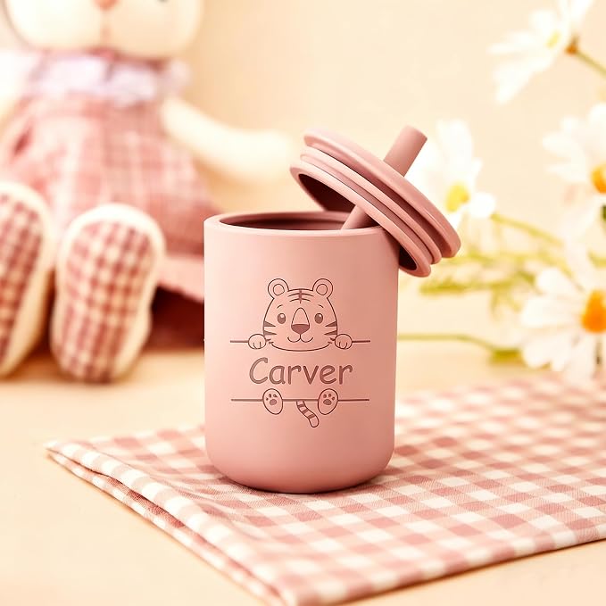 Personalized Silicone Baby Cup with Straw -7oz Leak-Proof, BPA-Free Training Cup for Toddlers - Ideal Baby Shower & Birthday Gift