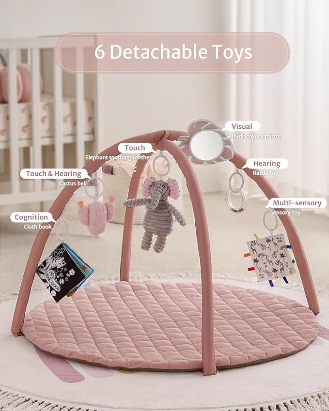 Blissful Diary Baby Play Gym Mat, Tummy Time Activity Mat with 6 Detachable Toys for Skill Development, Baby Essentials Gift, Soft Pink