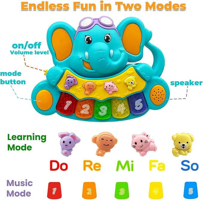 Baby Piano Toy, 6-12 Months Light Up Musical Baby Toys for 0 3 6 9 Months, Early Learning Educational Boys Girls Gifts (Elephant)