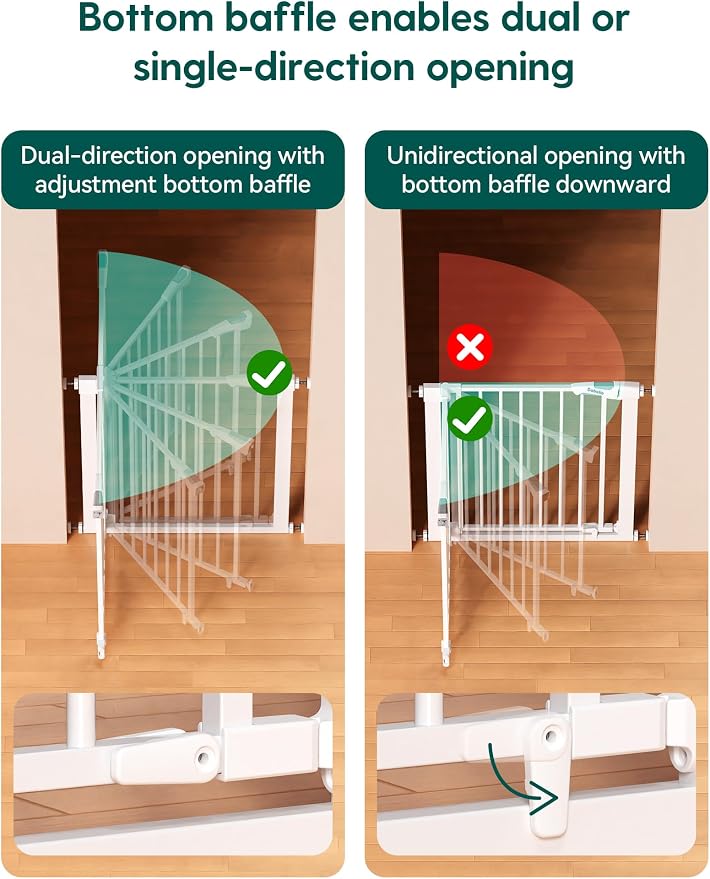 Babelio 29-43" Magnetic Baby Gate for Stairs,Doorways House,Kitchen,30" Tall Pet Door with Baffles,Pressure Mounted & Dual-Lock Design Safety for Kids Toddler,Auto-Close/Hold-Open,White