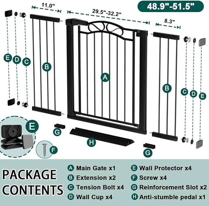 Fairy Baby 48.9"-51.5" Extra Wide Baby Gate with Door, 49 50 51 Inches Walk THR Baby Gates for Stairs Pressure Mounted no Drill, Indoor Tension Metal Pet Dog Gate, Auto Close Safety Gate, Black