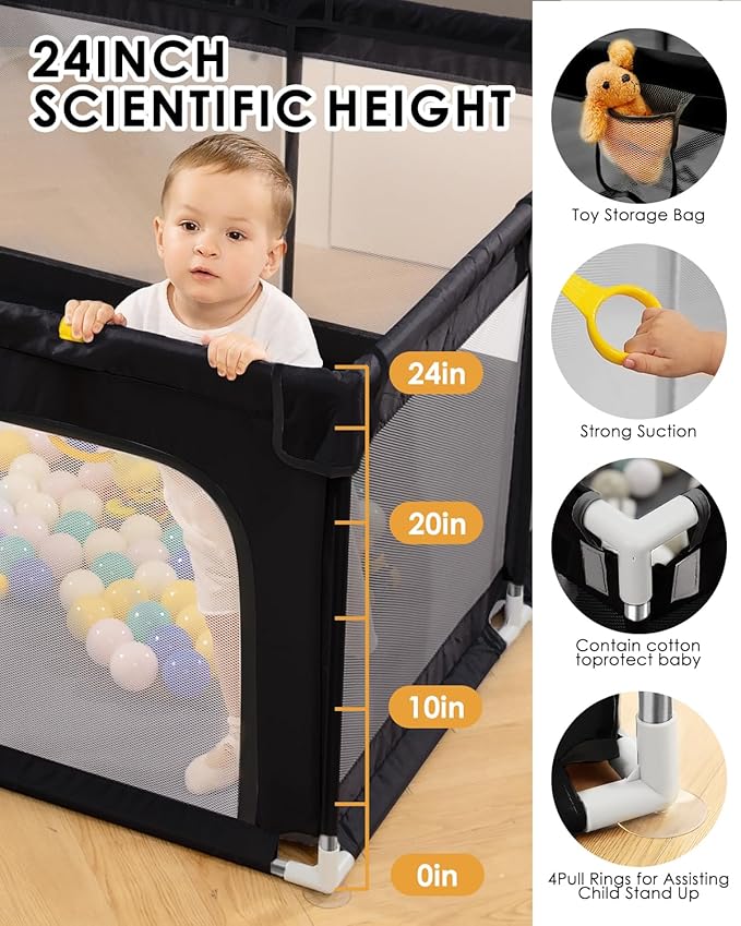 dearlomum Baby Playpen with Non Removable Mat, Extra Large Play Yard for Babies & Toddlers, Portable Travel Playpen, Baby Activity Center for Indoor & Outdoor Use (Black 50"×50")