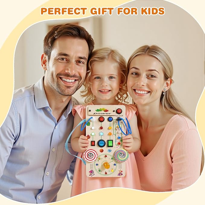 Montessori Wooden Busy Board with LED Light Up Switches & Music and Spinning Top, Toddler Sensory Educational Fidget Board, for 1+ Year Old Baby and Toddler