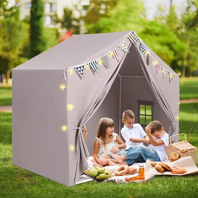 Kids Tent with Mat Playhouse for Kids Indoor Outdoor Play Tent for Toddlers 3 4 5 6 Year Olds (Light Grey)