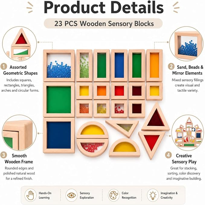23 PCS Rainbow Sensory Wooden Building Blocks for Toddlers, Colorful Geometric Stacking Toys with Beads, Sand & Mirror Blocks, Montessori STEM Learning Toy Gift for Kids